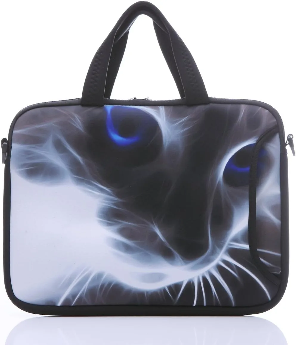 11-Inch to 12-Inch Neoprene Laptop Sleeve Case Bag with shoulder strap For 11", 11.6", 12" Ultrabook/Acer/Asus/Dell/HP/Toshiba/Lenovo/Chromebook (Grey cat with blue eyes)