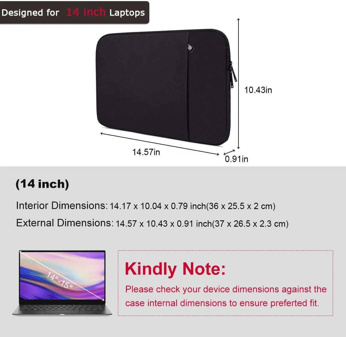 14 Inch Laptop Sleeve Case for DELL XPS 15 / Inspiron 14, HP Pavilion 14/Chromebook 14/Steam 14, Lenovo ideapad 14, ASUS Vivobook 14, Water Resistant Computer Sleeve 14 Inch Laptop Bag -Black