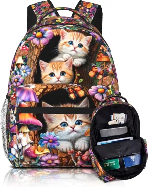 15 Inch Lightweight Mushroom Backpack for Girls Ages 6-8, Cute Cats School Bookbag with Large Capacity & Padded Ergonomic Back, Ideal for Kindergarten & Elementary