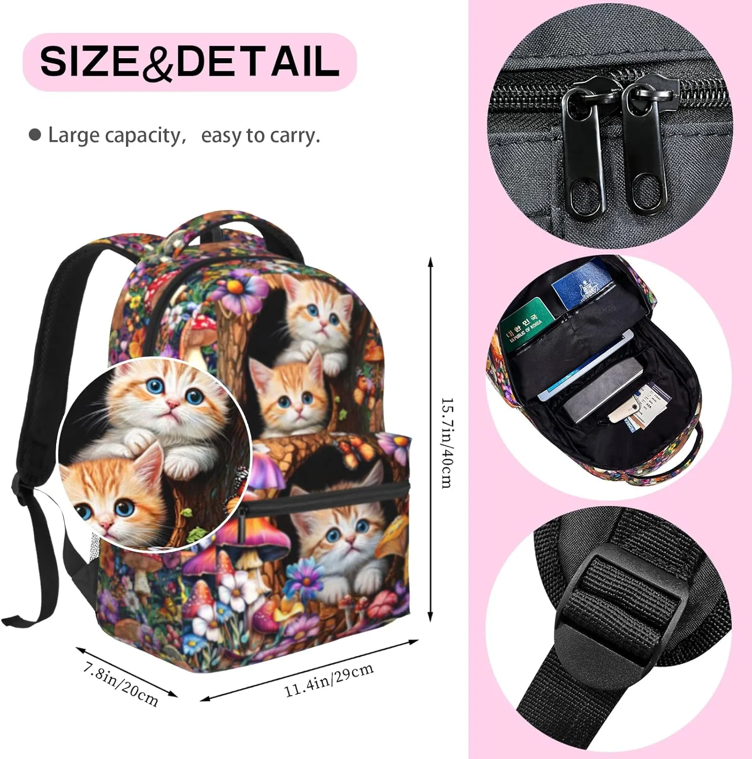 15 Inch Lightweight Mushroom Backpack for Girls Ages 6-8, Cute Cats School Bookbag with Large Capacity & Padded Ergonomic Back, Ideal for Kindergarten & Elementary