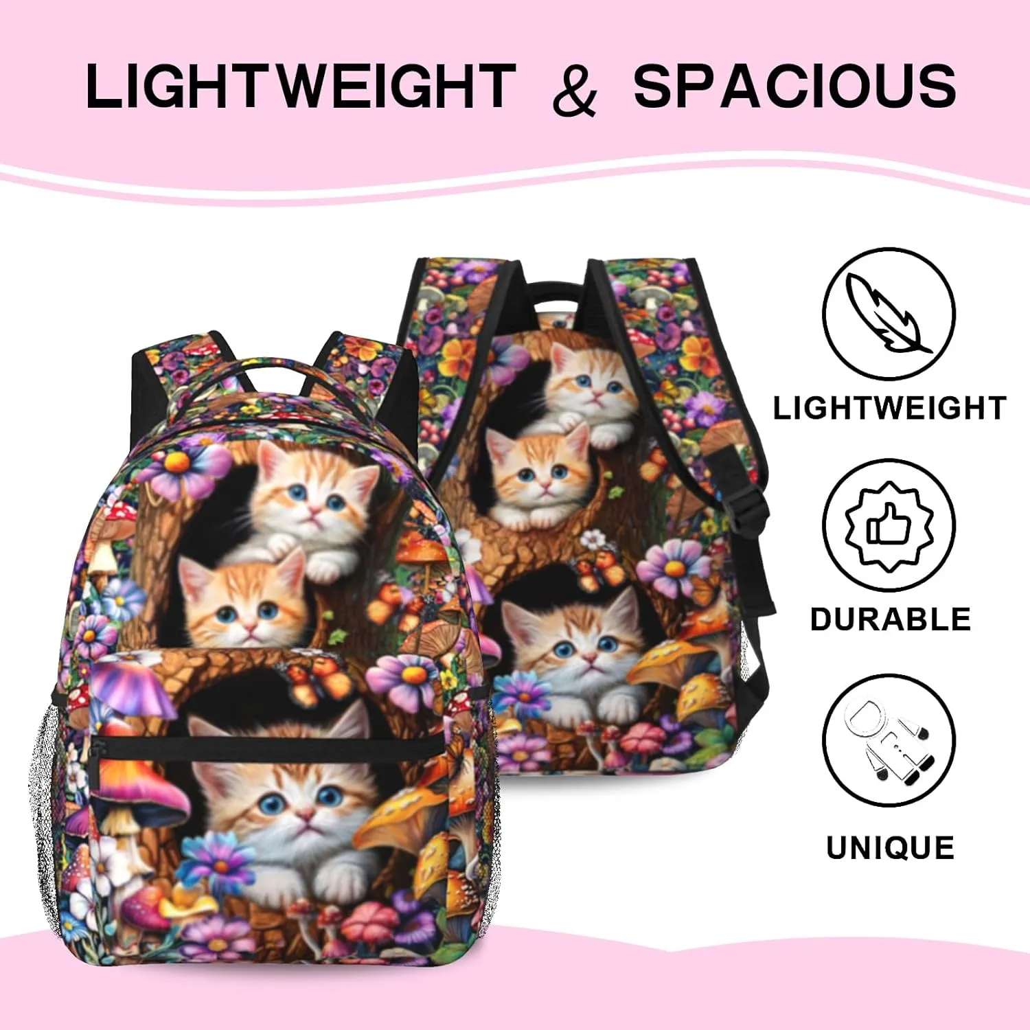 15 Inch Lightweight Mushroom Backpack for Girls Ages 6-8, Cute Cats School Bookbag with Large Capacity & Padded Ergonomic Back, Ideal for Kindergarten & Elementary