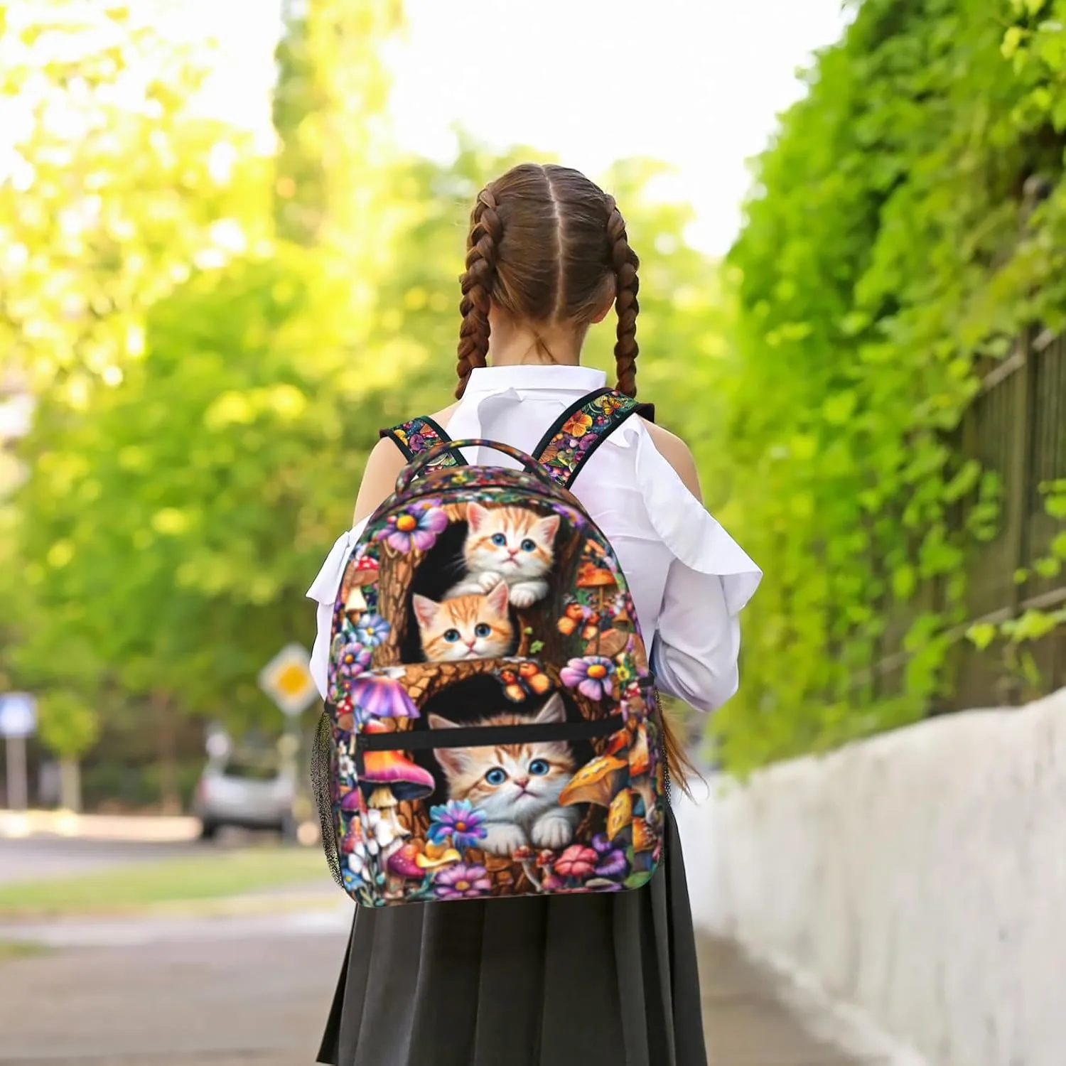15 Inch Lightweight Mushroom Backpack for Girls Ages 6-8, Cute Cats School Bookbag with Large Capacity & Padded Ergonomic Back, Ideal for Kindergarten & Elementary