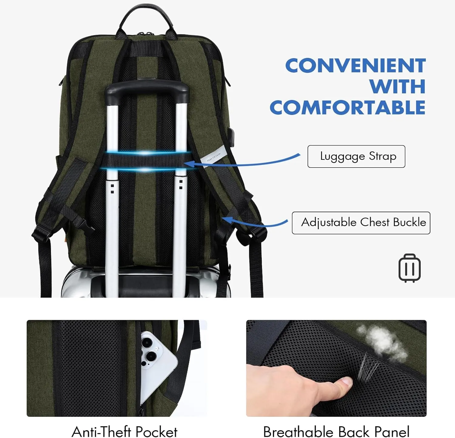 17 Inch Laptop Backpack for Men, Business Travel Anti-Theft Backpack with USB Charging Port, Water Resistant Computer Bag Carry On Flight Approved for Work College Weekender, Dark Green