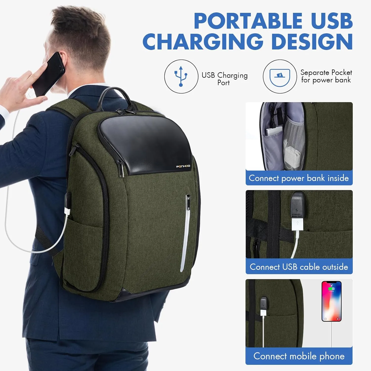 17 Inch Laptop Backpack for Men, Business Travel Anti-Theft Backpack with USB Charging Port, Water Resistant Computer Bag Carry On Flight Approved for Work College Weekender, Dark Green