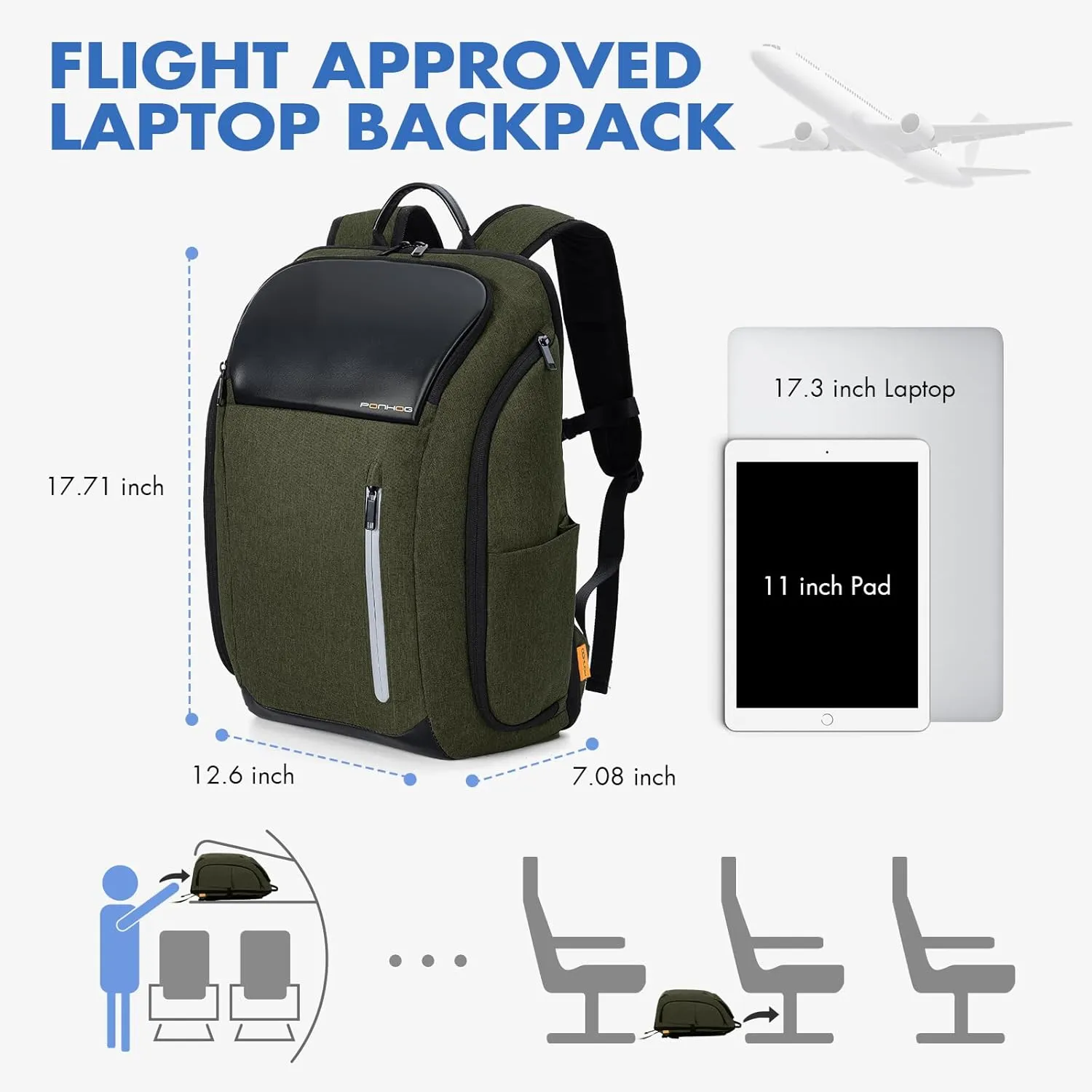 17 Inch Laptop Backpack for Men, Business Travel Anti-Theft Backpack with USB Charging Port, Water Resistant Computer Bag Carry On Flight Approved for Work College Weekender, Dark Green