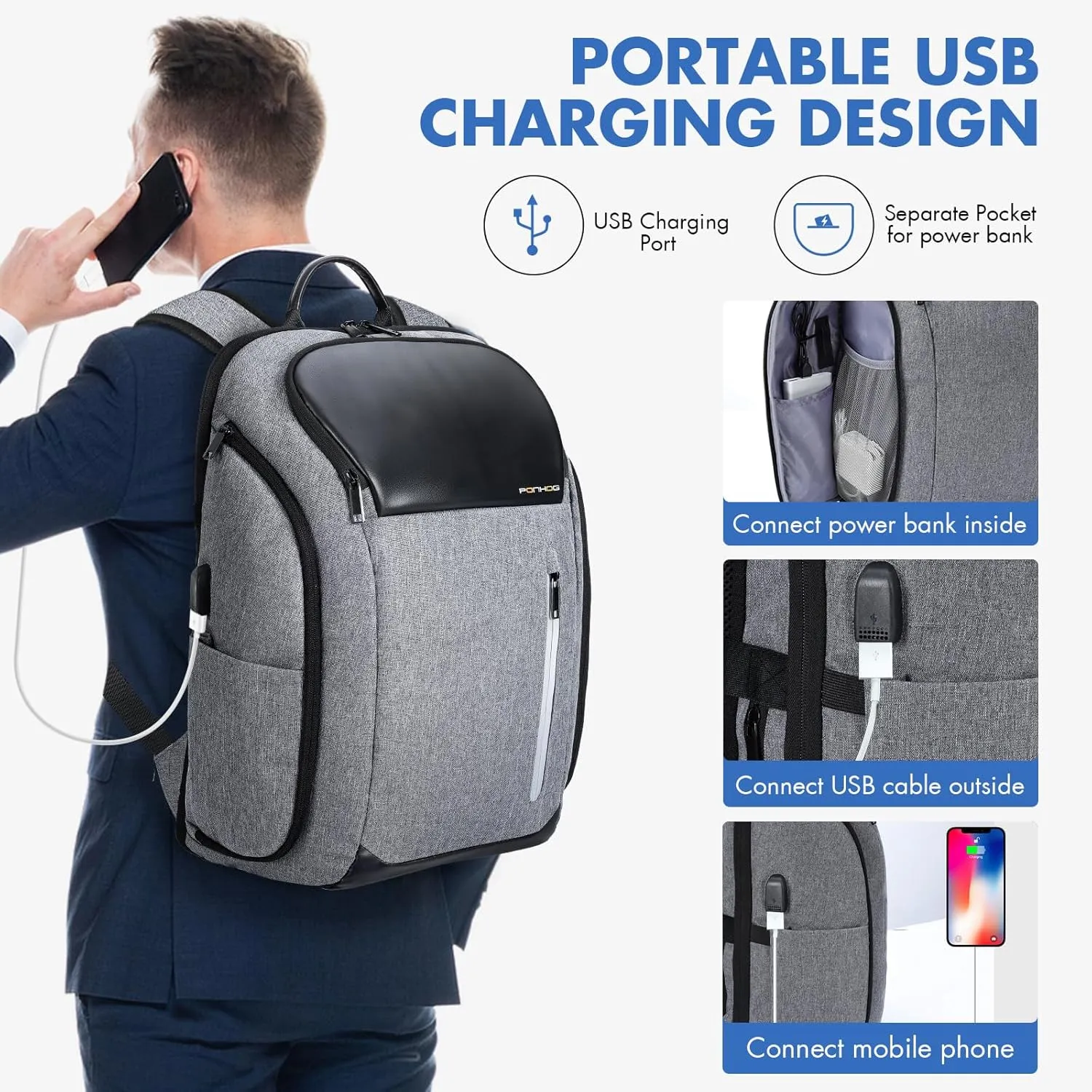 17 Inch Laptop Backpack for Men, Business Travel Anti-Theft Backpack with USB Charging Port, Water Resistant Computer Bag Carry On Flight Approved for Work College Weekender, Light Gray