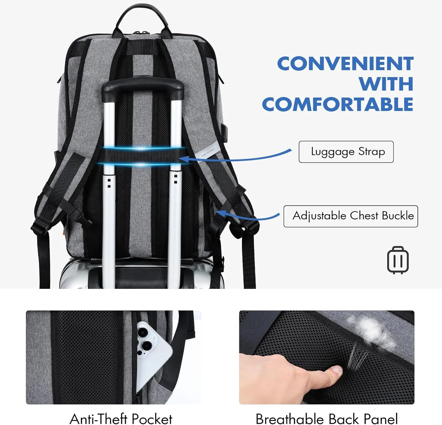 17 Inch Laptop Backpack for Men, Business Travel Anti-Theft Backpack with USB Charging Port, Water Resistant Computer Bag Carry On Flight Approved for Work College Weekender, Light Gray