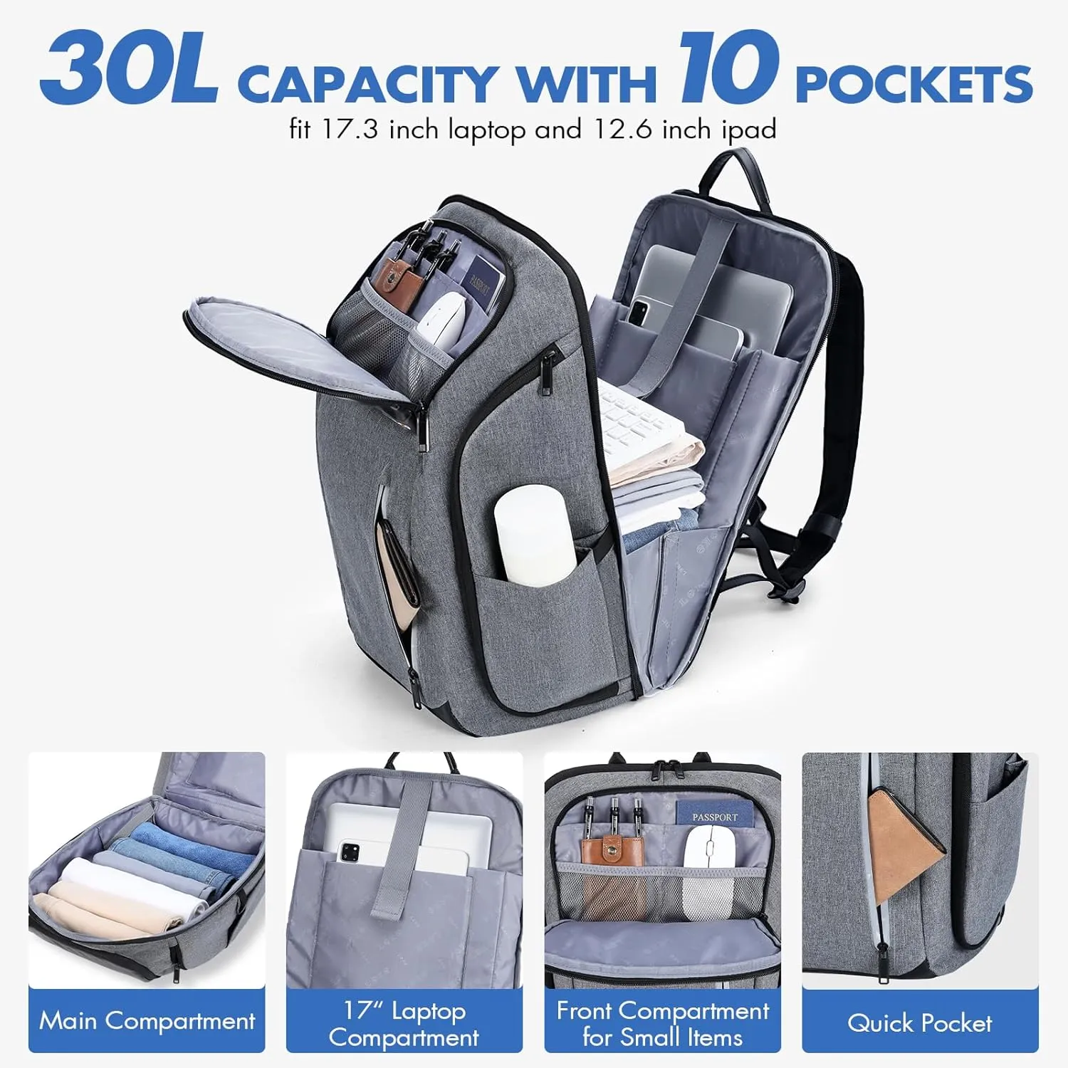 17 Inch Laptop Backpack for Men, Business Travel Anti-Theft Backpack with USB Charging Port, Water Resistant Computer Bag Carry On Flight Approved for Work College Weekender, Light Gray