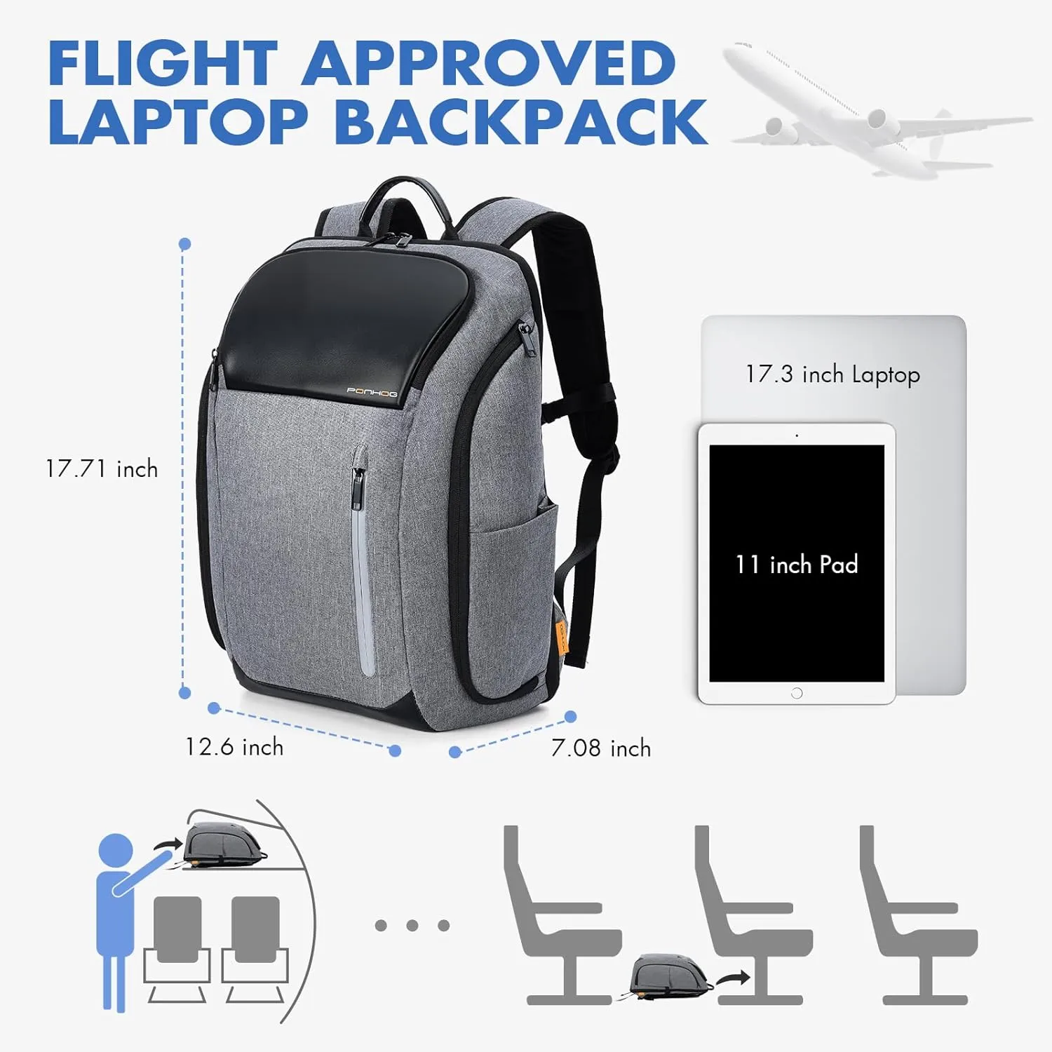 17 Inch Laptop Backpack for Men, Business Travel Anti-Theft Backpack with USB Charging Port, Water Resistant Computer Bag Carry On Flight Approved for Work College Weekender, Light Gray