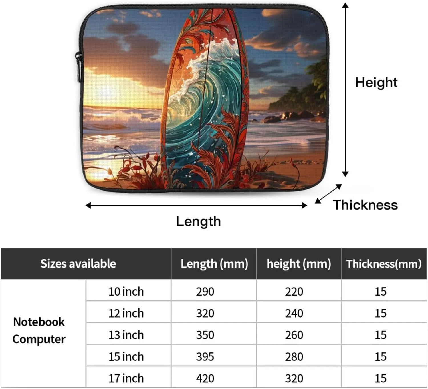 17 Inch Laptop Sleeve Bag Waterproof Shockproof Laptop Case Bags Lightweight Computer Skin Bag Colorful Surfboard Tablet Carrying Case