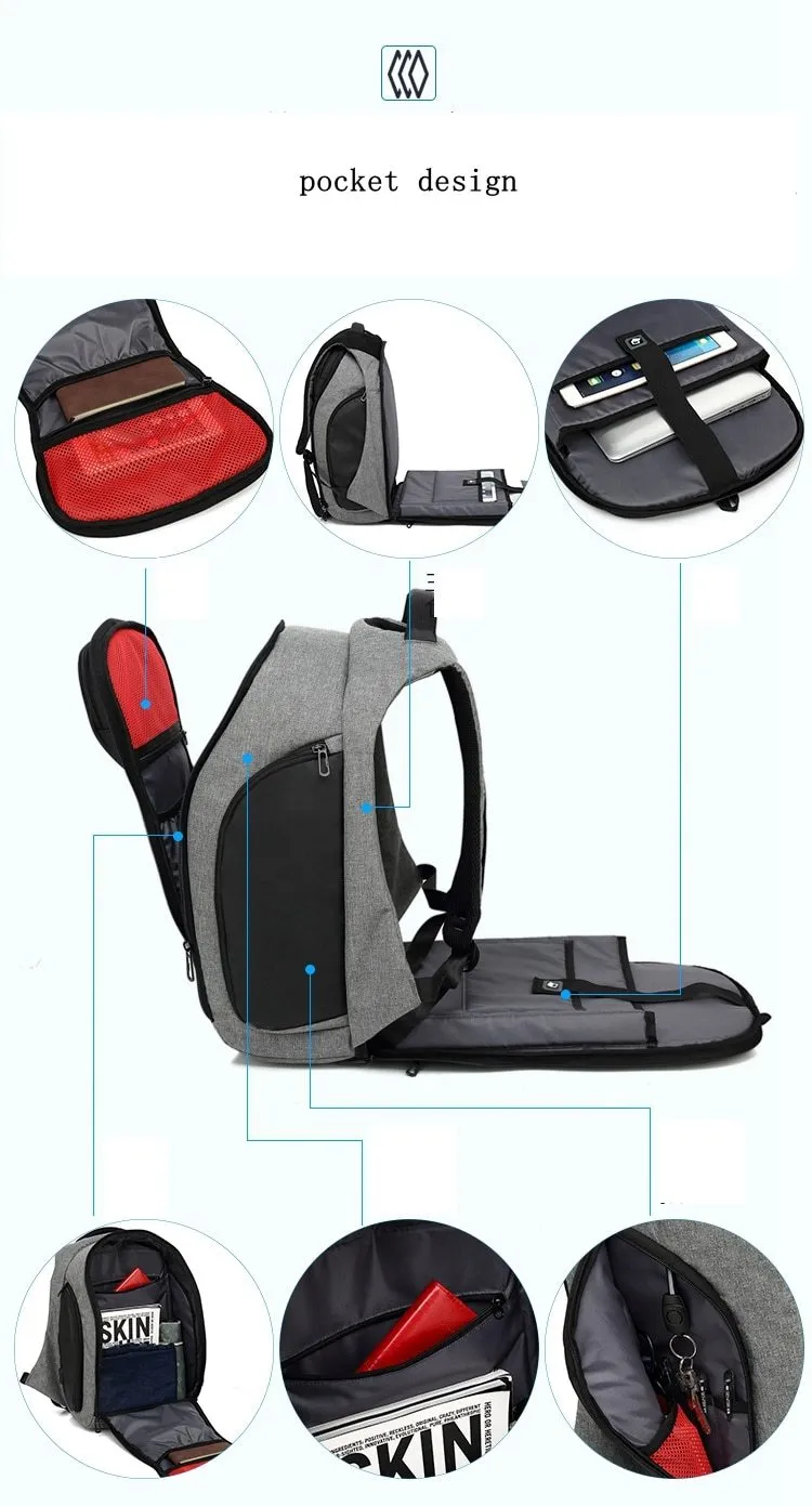 17 inches Laptop Anti-theft Backpack Water Repellent Multifunct Rucksack with USB Charging
