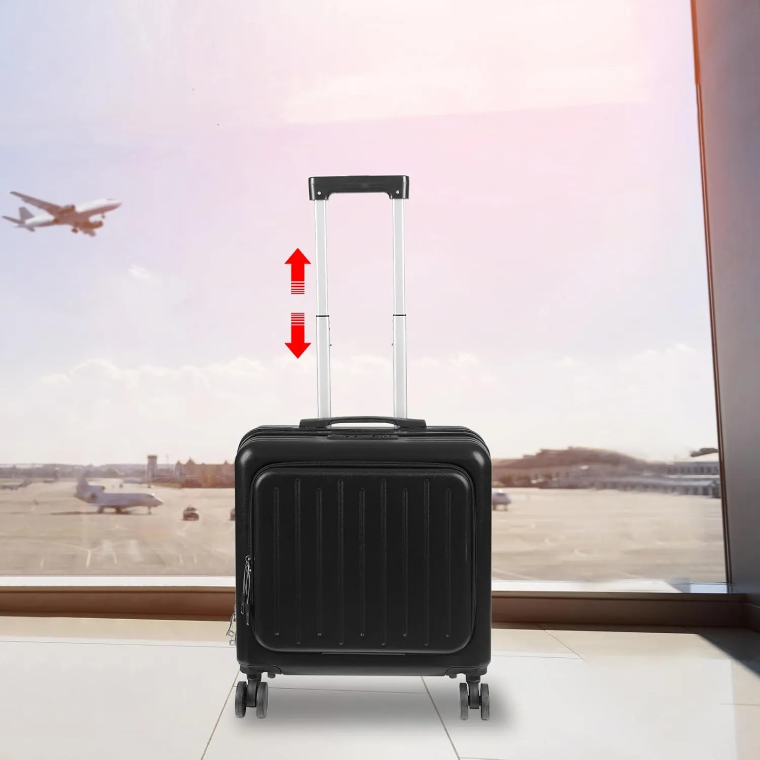18 Inch Carry On Luggage with Front Laptop Pocket, ABS Boarding Suitcase with Cup Holder and USB Charge Port, Lightweight Travel Luggage Suitcase with Four Spinner Wheels and Lock, Black