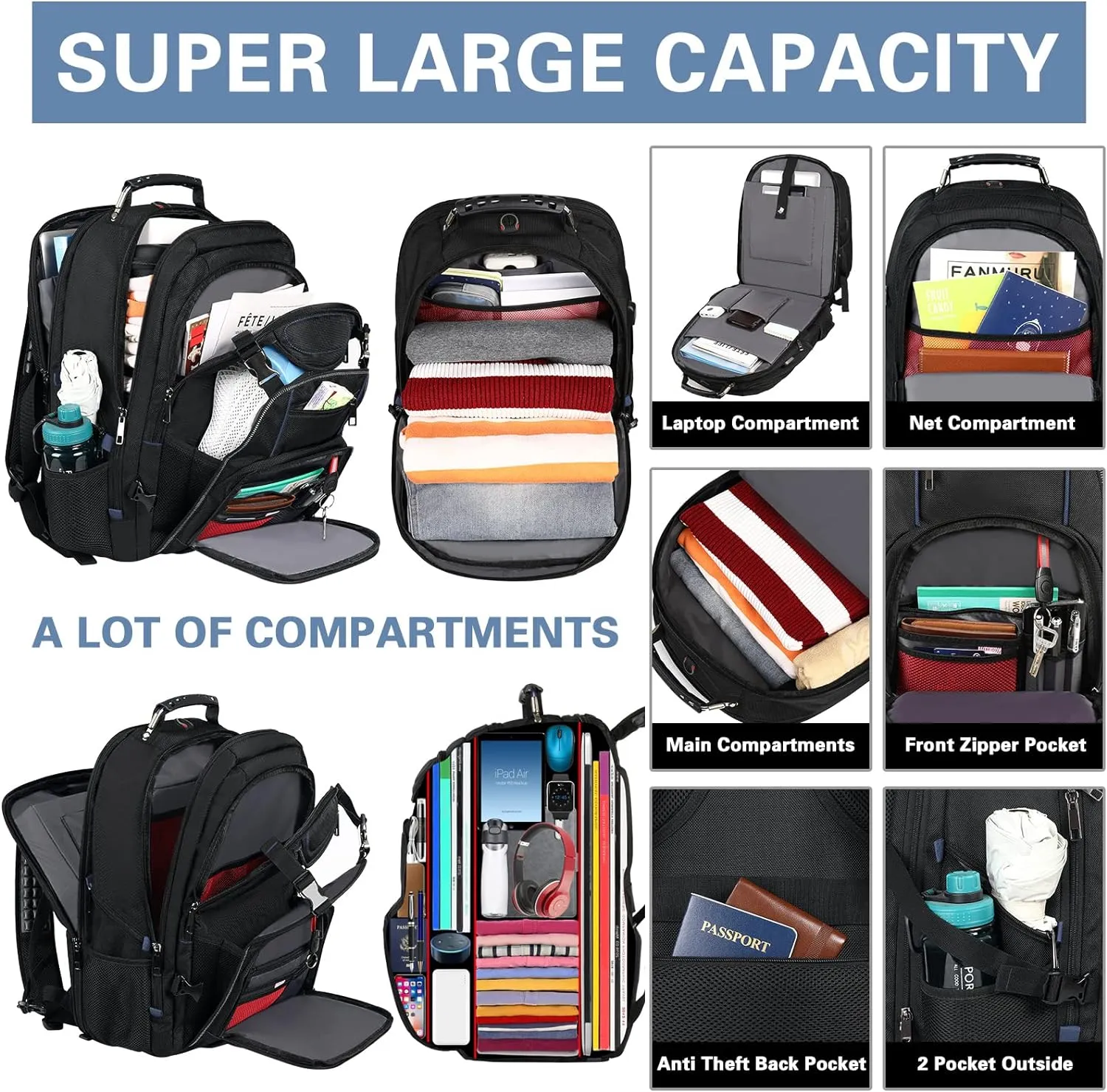 18.4 Inch Laptop Backpack,Extra Large Travel Backpack with USB Charger Port for Men Women,60L Big Capacity Heavy Duty Computer Bag TSA Friendly RFID Anti Theft Pocket Backbag,21.2*15.5*11.5 inch Blue