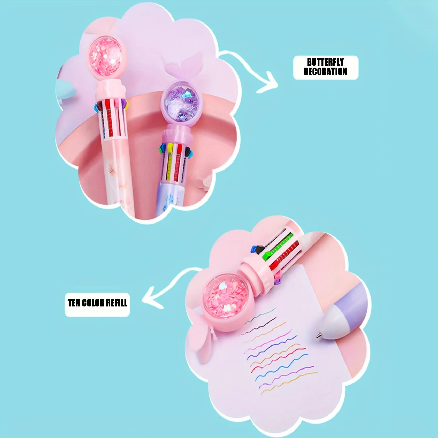 1pc 10-color Butterfly Ballpoint Pen, Sequin Ten-color One-in-one Press Pen