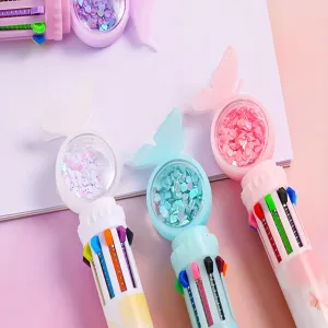 1pc 10-color Butterfly Ballpoint Pen, Sequin Ten-color One-in-one Press Pen