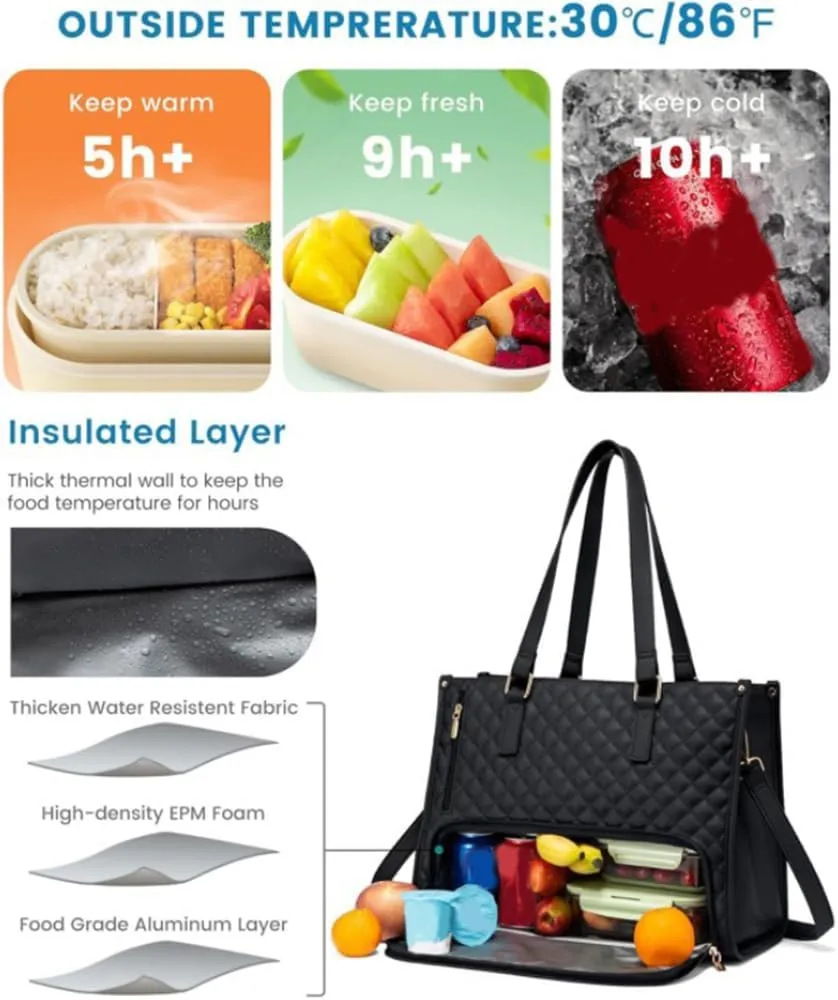 2 In 1 Tote Bag Lunch Bag Combo, 3 In 1 Lunch Tote Bag For Women,15.6 Inch with Lunch Compartment,LaptopWith Insulated Lunch Compartment (Brown)