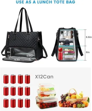 2 In 1 Tote Bag Lunch Bag Combo, 3 In 1 Lunch Tote Bag For Women,15.6 Inch with Lunch Compartment,LaptopWith Insulated Lunch Compartment (Brown)