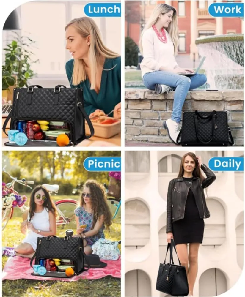2 In 1 Tote Bag Lunch Bag Combo, 3 In 1 Lunch Tote Bag For Women,15.6 Inch with Lunch Compartment,LaptopWith Insulated Lunch Compartment (Brown)