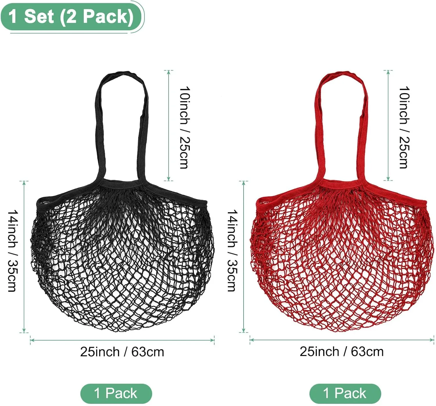 2-Pack Cotton Mesh Bag, Reusable Washable Mesh Net String Grocery Bags, Reusable Produce Bags with Handle, Net Tote Bag for Fruits/Vegetables Shopping [Red, Black, Long Handle]