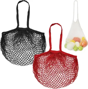 2-Pack Cotton Mesh Bag, Reusable Washable Mesh Net String Grocery Bags, Reusable Produce Bags with Handle, Net Tote Bag for Fruits/Vegetables Shopping [Red, Black, Long Handle]