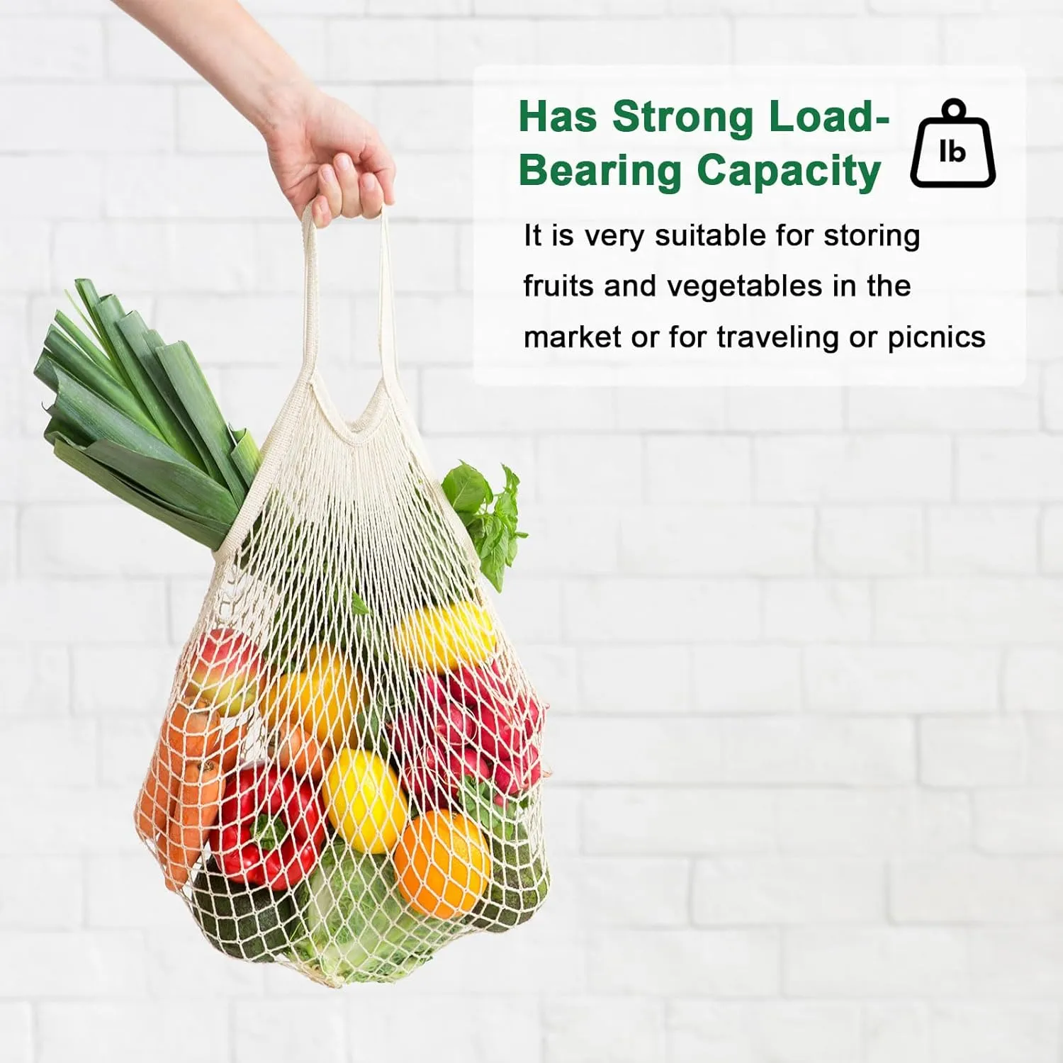 2-Pack Cotton Mesh Bag, Reusable Washable Mesh Net String Grocery Bags, Reusable Produce Bags with Handle, Net Tote Bag for Fruits/Vegetables Shopping [Red, Black, Long Handle]