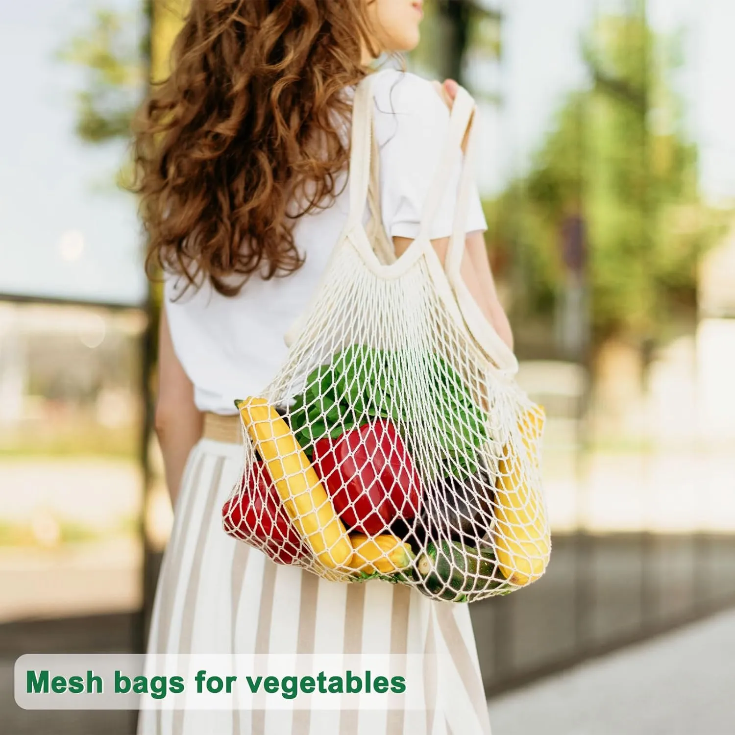 2-Pack Cotton Mesh Bag, Reusable Washable Mesh Net String Grocery Bags, Reusable Produce Bags with Handle, Net Tote Bag for Fruits/Vegetables Shopping [Red, Black, Long Handle]