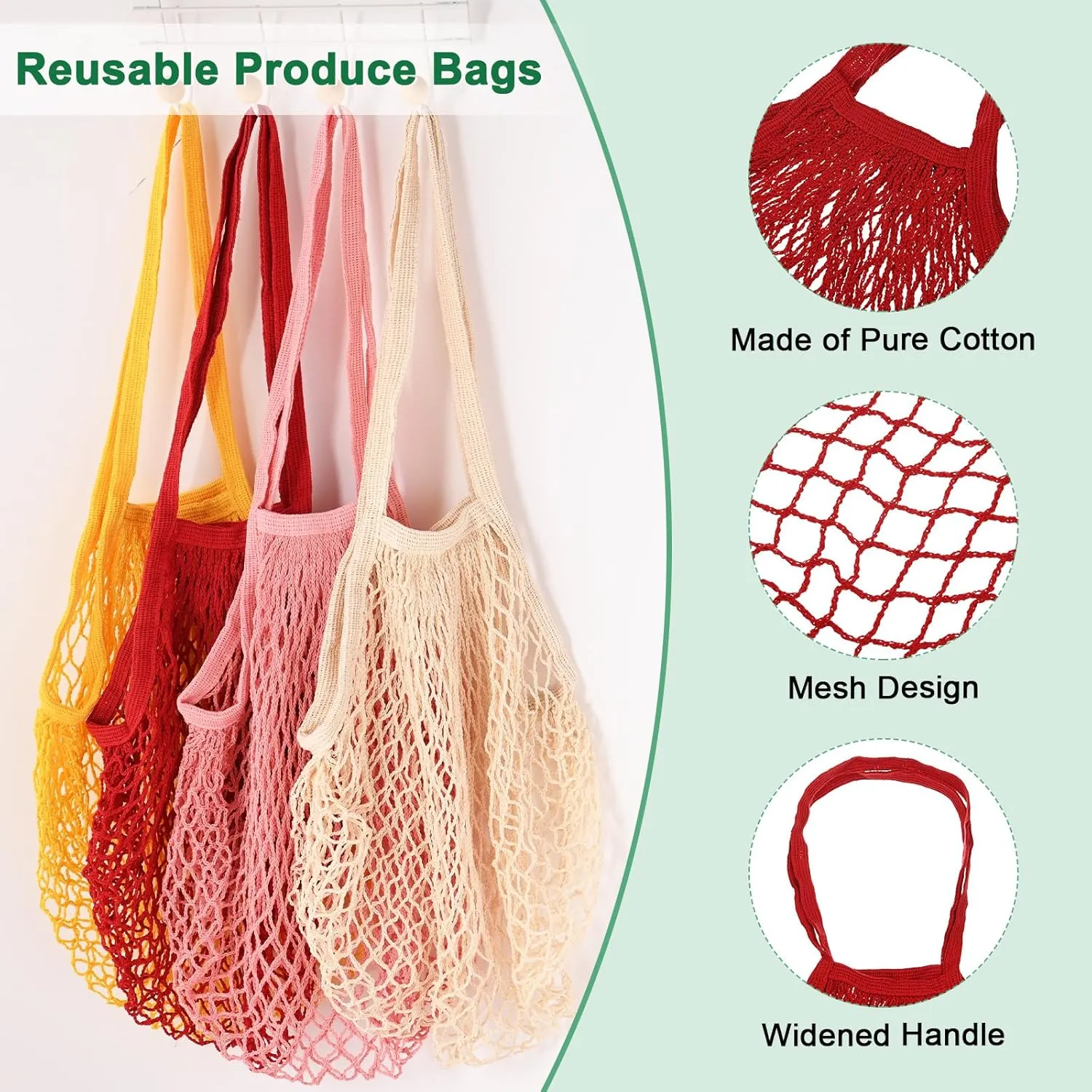 2-Pack Cotton Mesh Bag, Reusable Washable Mesh Net String Grocery Bags, Reusable Produce Bags with Handle, Net Tote Bag for Fruits/Vegetables Shopping [Red, Black, Long Handle]