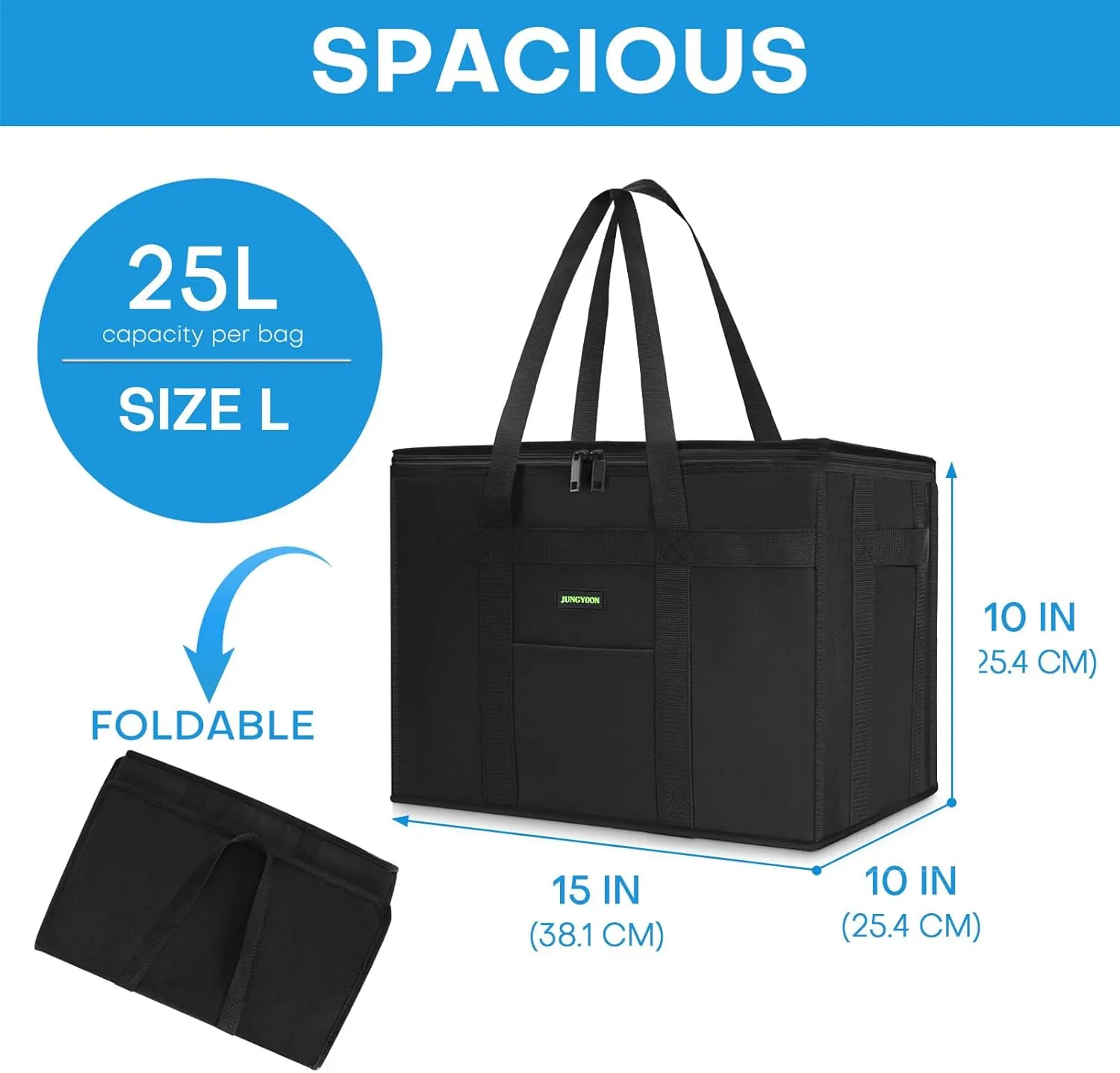 2-Pack Heavy-Duty Insulated Grocery Bags & Food Delivery Bag – Collapsible Cooler Bag with Zippered Top | Reusable Shopping Bags for Groceries, Picnics, Easy Storage(L Black)