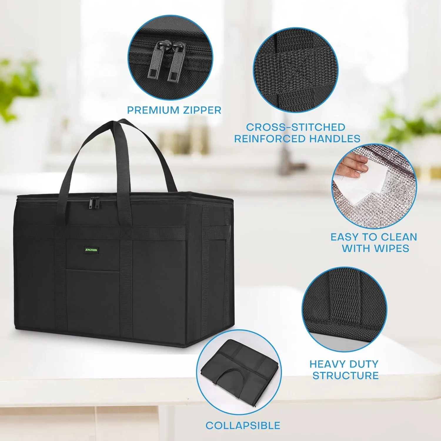 2-Pack Heavy-Duty Insulated Grocery Bags & Food Delivery Bag – Collapsible Cooler Bag with Zippered Top | Reusable Shopping Bags for Groceries, Picnics, Easy Storage(L Black)