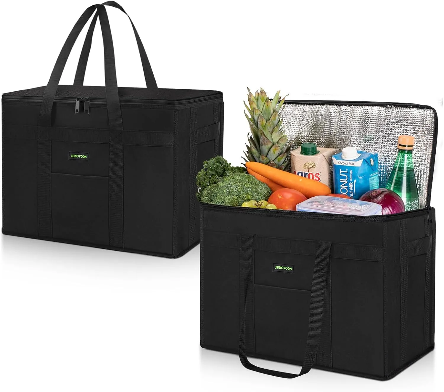 2-Pack Heavy-Duty Insulated Grocery Bags & Food Delivery Bag – Collapsible Cooler Bag with Zippered Top | Reusable Shopping Bags for Groceries, Picnics, Easy Storage(L Black)