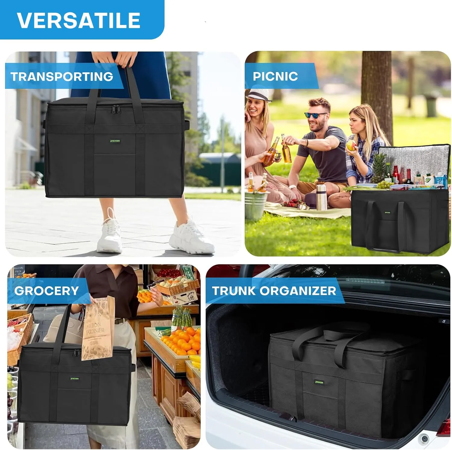 2-Pack Heavy-Duty Insulated Grocery Bags & Food Delivery Bag – Collapsible Cooler Bag with Zippered Top | Reusable Shopping Bags for Groceries, Picnics, Easy Storage(L Black)