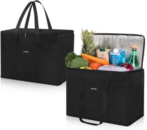 2-Pack Heavy-Duty Insulated Grocery Bags & Food Delivery Bag – Collapsible Cooler Bag with Zippered Top | Reusable Shopping Bags for Groceries, Picnics, Easy Storage(L Black)
