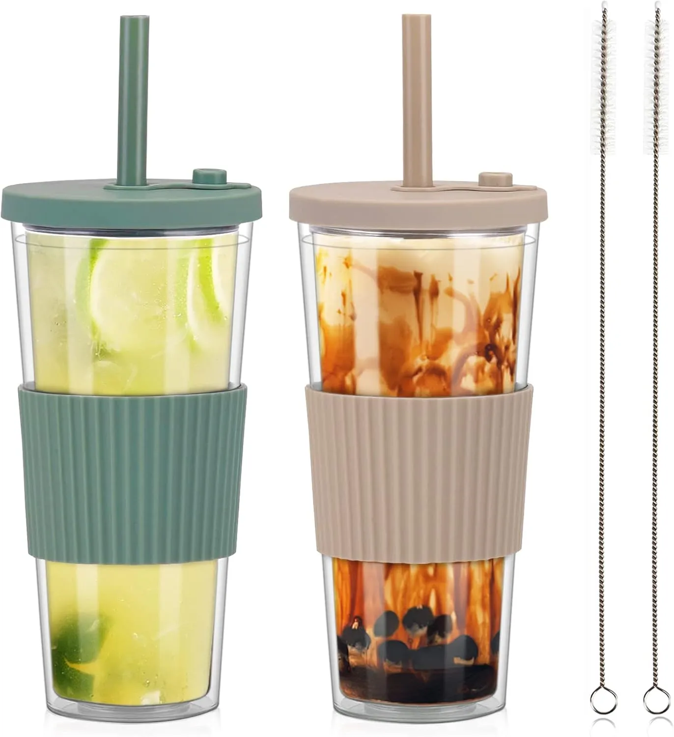 2 Pack Reusable Boba Tea Cups, 24oz Iced Coffee Cup with Straw and Lid, Leakproof Clear Plastic Cups Tumbler, Double Wall Insulated Smoothie Tumbler, Wide Straw for Bubble Tea, Cinnamon&Olive