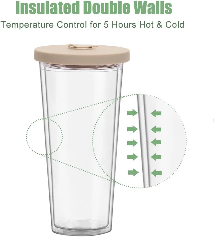 2 Pack Reusable Boba Tea Cups, 24oz Iced Coffee Cup with Straw and Lid, Leakproof Clear Plastic Cups Tumbler, Double Wall Insulated Smoothie Tumbler, Wide Straw for Bubble Tea, Cinnamon&Olive