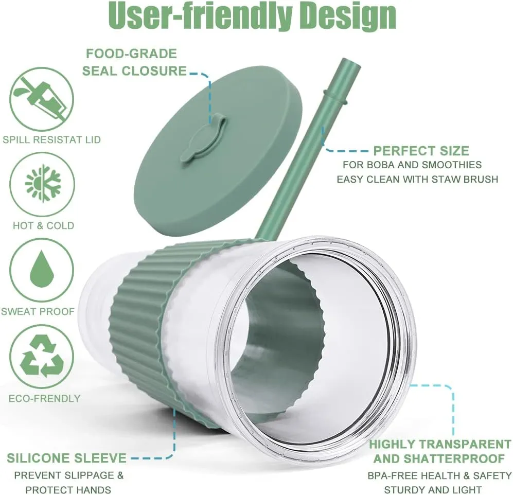 2 Pack Reusable Boba Tea Cups, 24oz Iced Coffee Cup with Straw and Lid, Leakproof Clear Plastic Cups Tumbler, Double Wall Insulated Smoothie Tumbler, Wide Straw for Bubble Tea, Cinnamon&Olive