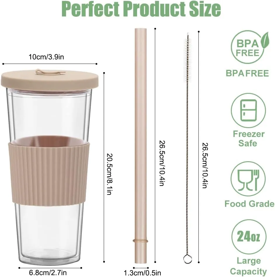 2 Pack Reusable Boba Tea Cups, 24oz Iced Coffee Cup with Straw and Lid, Leakproof Clear Plastic Cups Tumbler, Double Wall Insulated Smoothie Tumbler, Wide Straw for Bubble Tea, Cinnamon&Olive