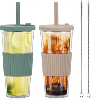 2 Pack Reusable Boba Tea Cups, 24oz Iced Coffee Cup with Straw and Lid, Leakproof Clear Plastic Cups Tumbler, Double Wall Insulated Smoothie Tumbler, Wide Straw for Bubble Tea, Cinnamon&Olive