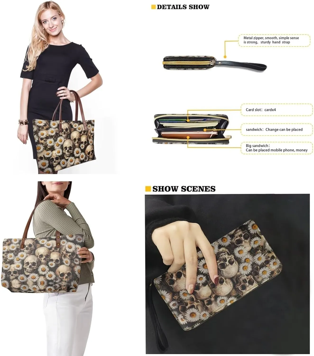 2 Pcs Women Handbag Set Tote Bag Large Shoulder Bag Top Handle Purse PU Wallet Set for Work Shopping Travel