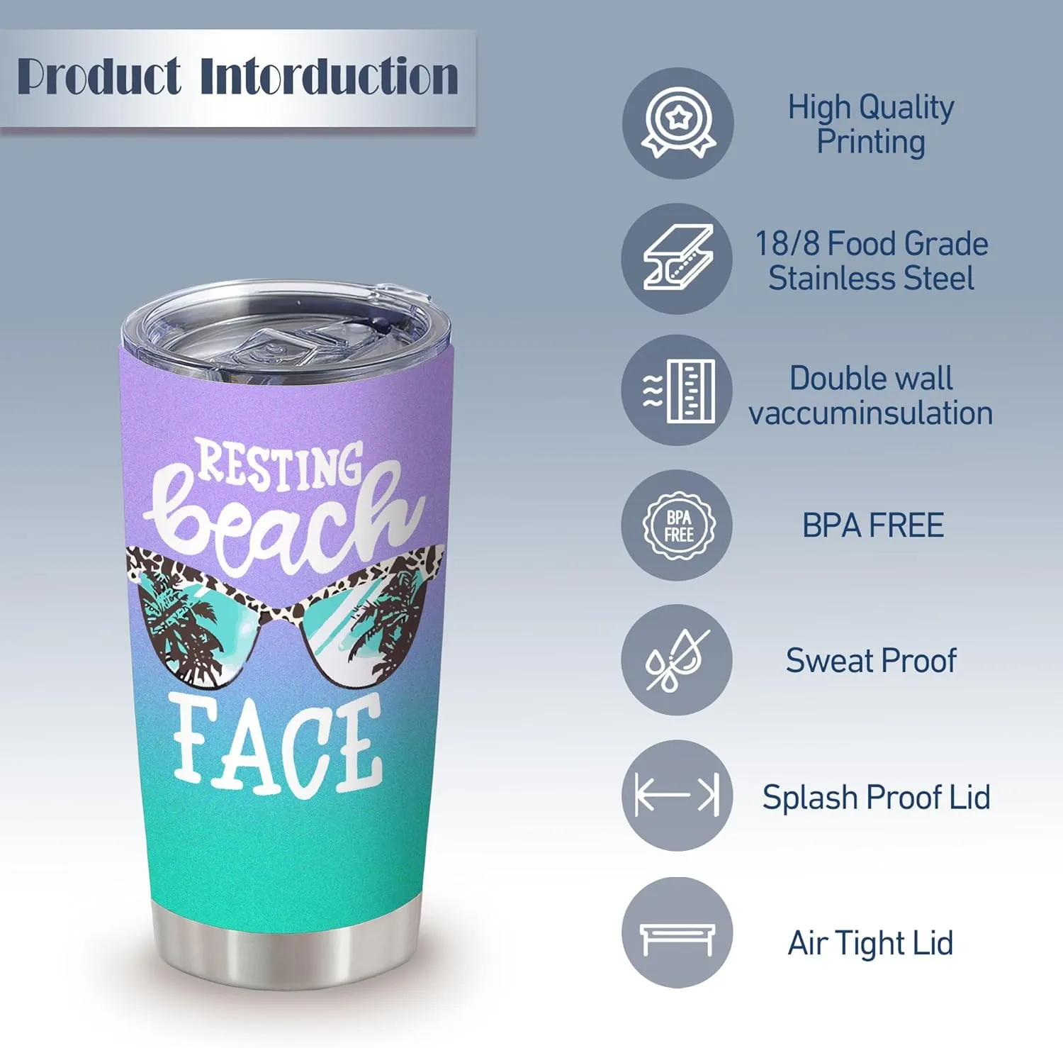20 Oz Insulated Tumblers with Lid and Straw,Resting Beach Face Double Wall Stainless Steel Vacuum Coffee Wine Tumbler Funny Mug for Women Girls Christmas Gifts (Mint Purple)