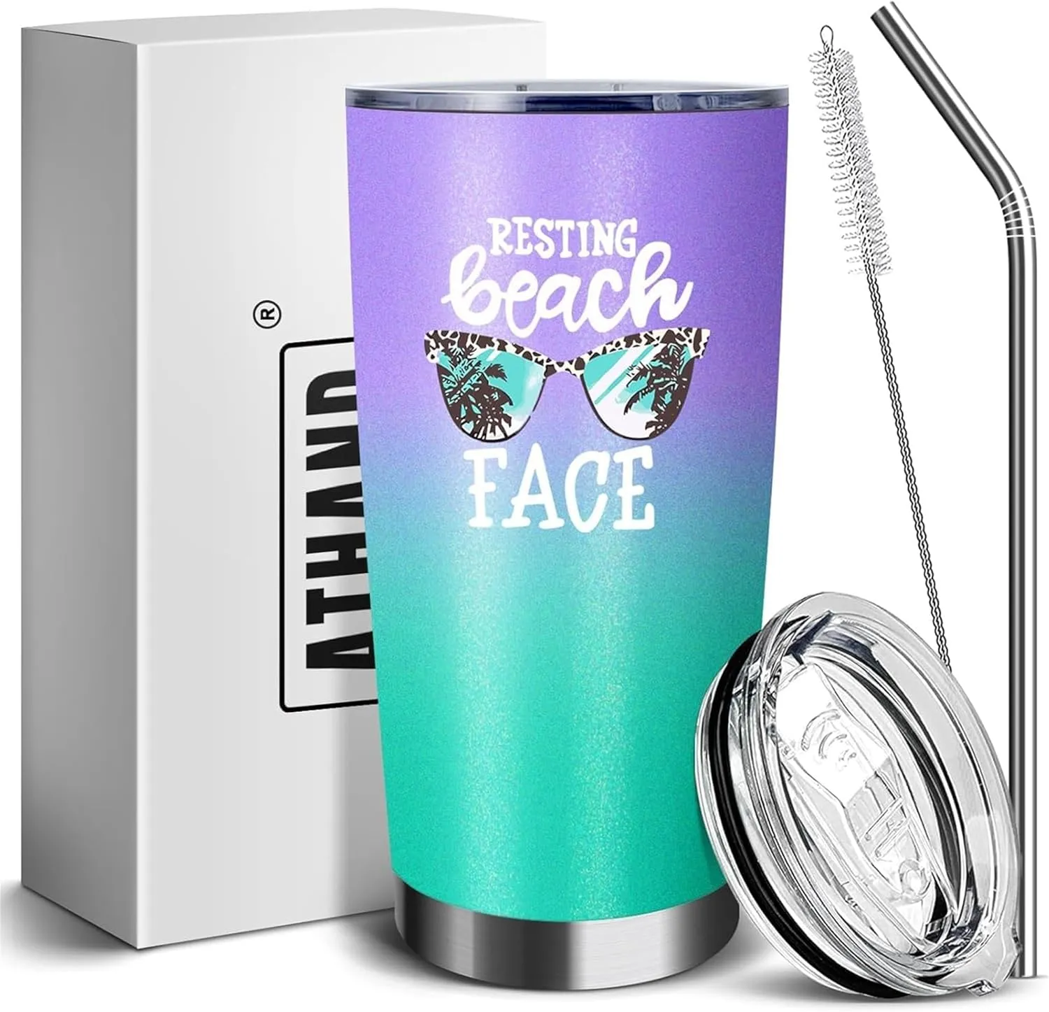 20 Oz Insulated Tumblers with Lid and Straw,Resting Beach Face Double Wall Stainless Steel Vacuum Coffee Wine Tumbler Funny Mug for Women Girls Christmas Gifts (Mint Purple)