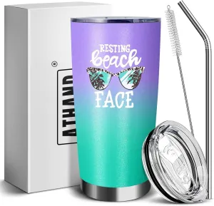 20 Oz Insulated Tumblers with Lid and Straw,Resting Beach Face Double Wall Stainless Steel Vacuum Coffee Wine Tumbler Funny Mug for Women Girls Christmas Gifts (Mint Purple)