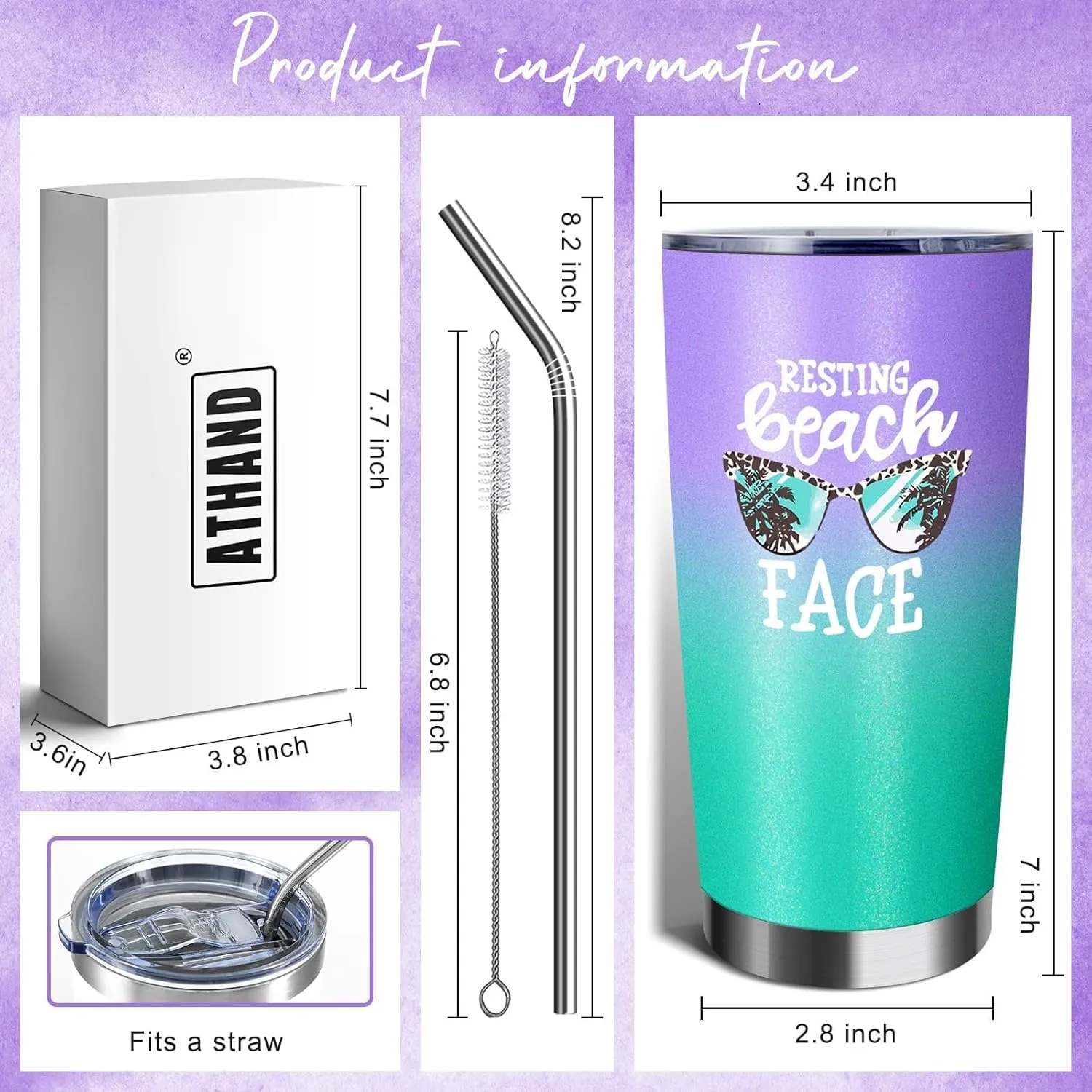 20 Oz Insulated Tumblers with Lid and Straw,Resting Beach Face Double Wall Stainless Steel Vacuum Coffee Wine Tumbler Funny Mug for Women Girls Christmas Gifts (Mint Purple)