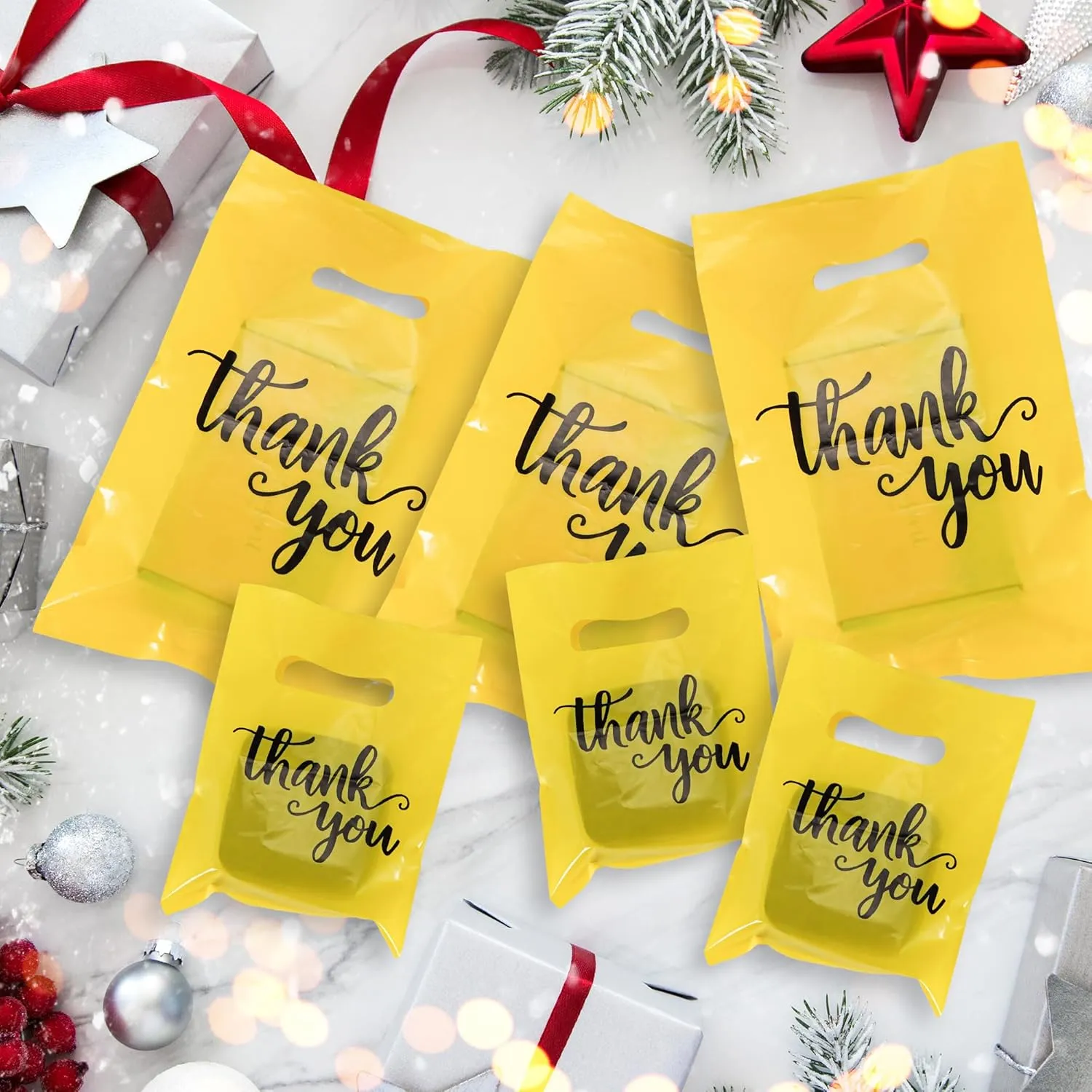 200 Pack Thank You Shopping Bags Goodie Bags, Iclude 13.8x9.8 In, 11.8x7.9 In, 7.9x5.9 In, Plastic Bulk Merchandise Bags with Handle, Gift Bags, Plastic Boutique Bags Retail shopping bags for Gift Bags, Clothes, Party Favors (Yellow)