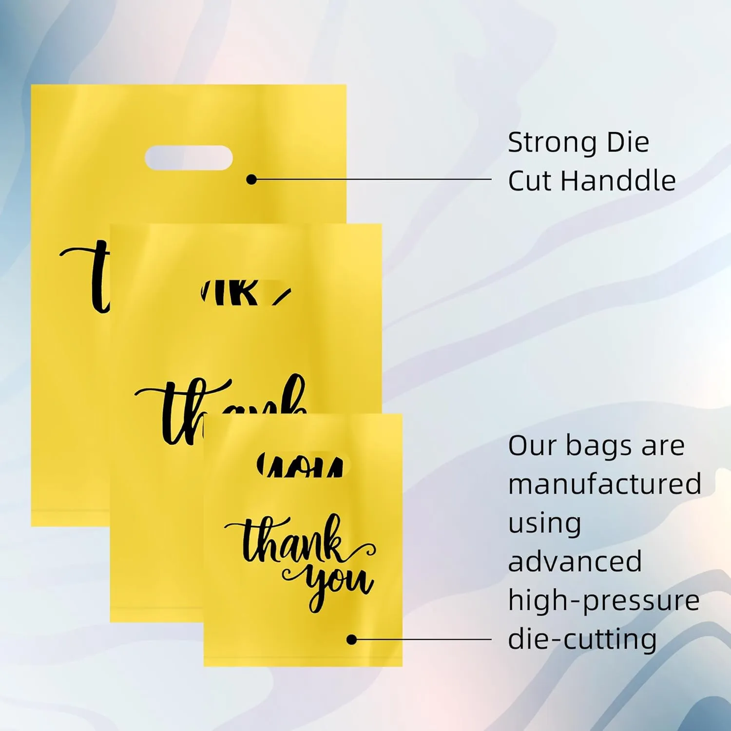 200 Pack Thank You Shopping Bags Goodie Bags, Iclude 13.8x9.8 In, 11.8x7.9 In, 7.9x5.9 In, Plastic Bulk Merchandise Bags with Handle, Gift Bags, Plastic Boutique Bags Retail shopping bags for Gift Bags, Clothes, Party Favors (Yellow)