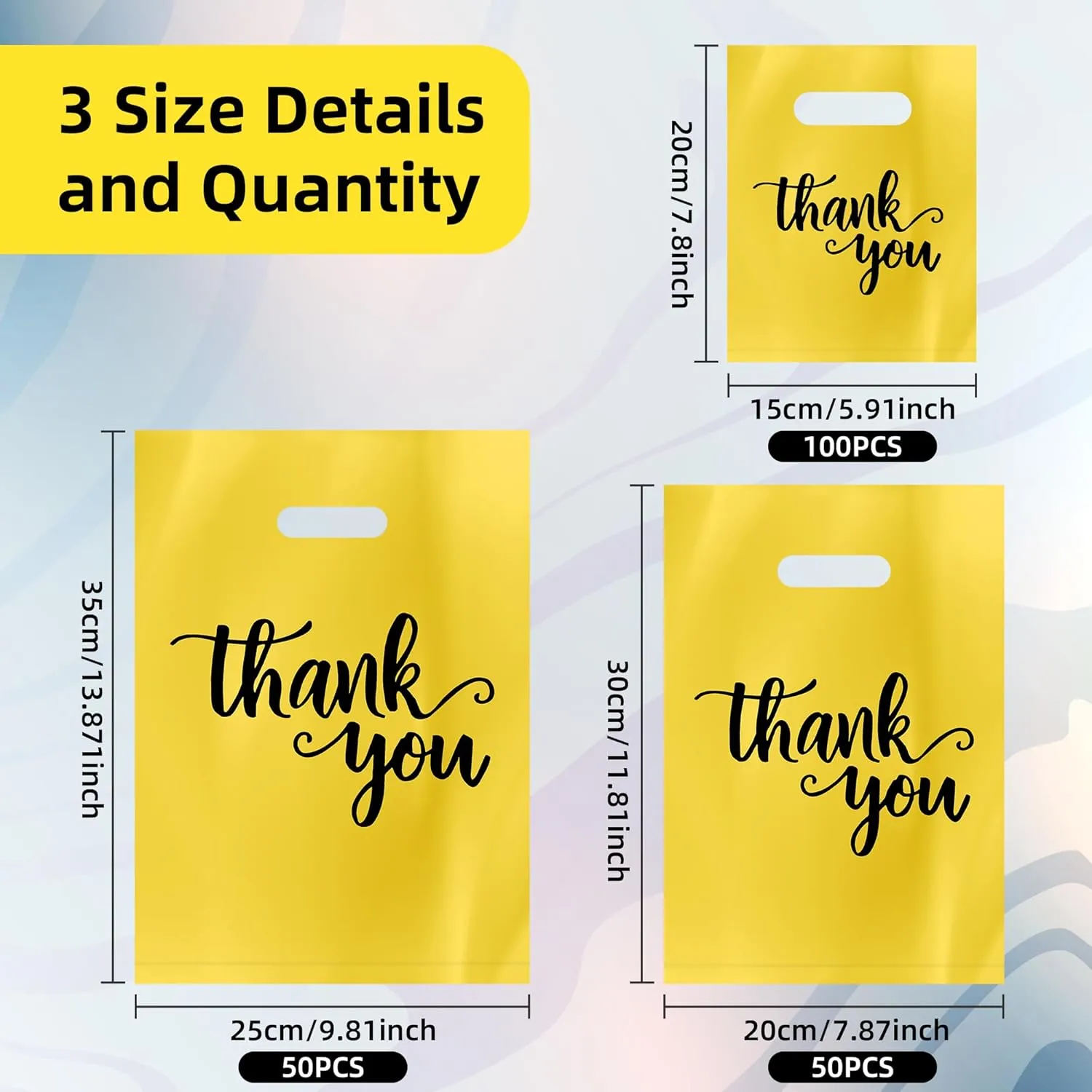 200 Pack Thank You Shopping Bags Goodie Bags, Iclude 13.8x9.8 In, 11.8x7.9 In, 7.9x5.9 In, Plastic Bulk Merchandise Bags with Handle, Gift Bags, Plastic Boutique Bags Retail shopping bags for Gift Bags, Clothes, Party Favors (Yellow)