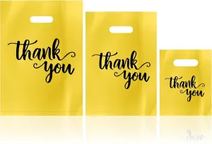 200 Pack Thank You Shopping Bags Goodie Bags, Iclude 13.8x9.8 In, 11.8x7.9 In, 7.9x5.9 In, Plastic Bulk Merchandise Bags with Handle, Gift Bags, Plastic Boutique Bags Retail shopping bags for Gift Bags, Clothes, Party Favors (Yellow)