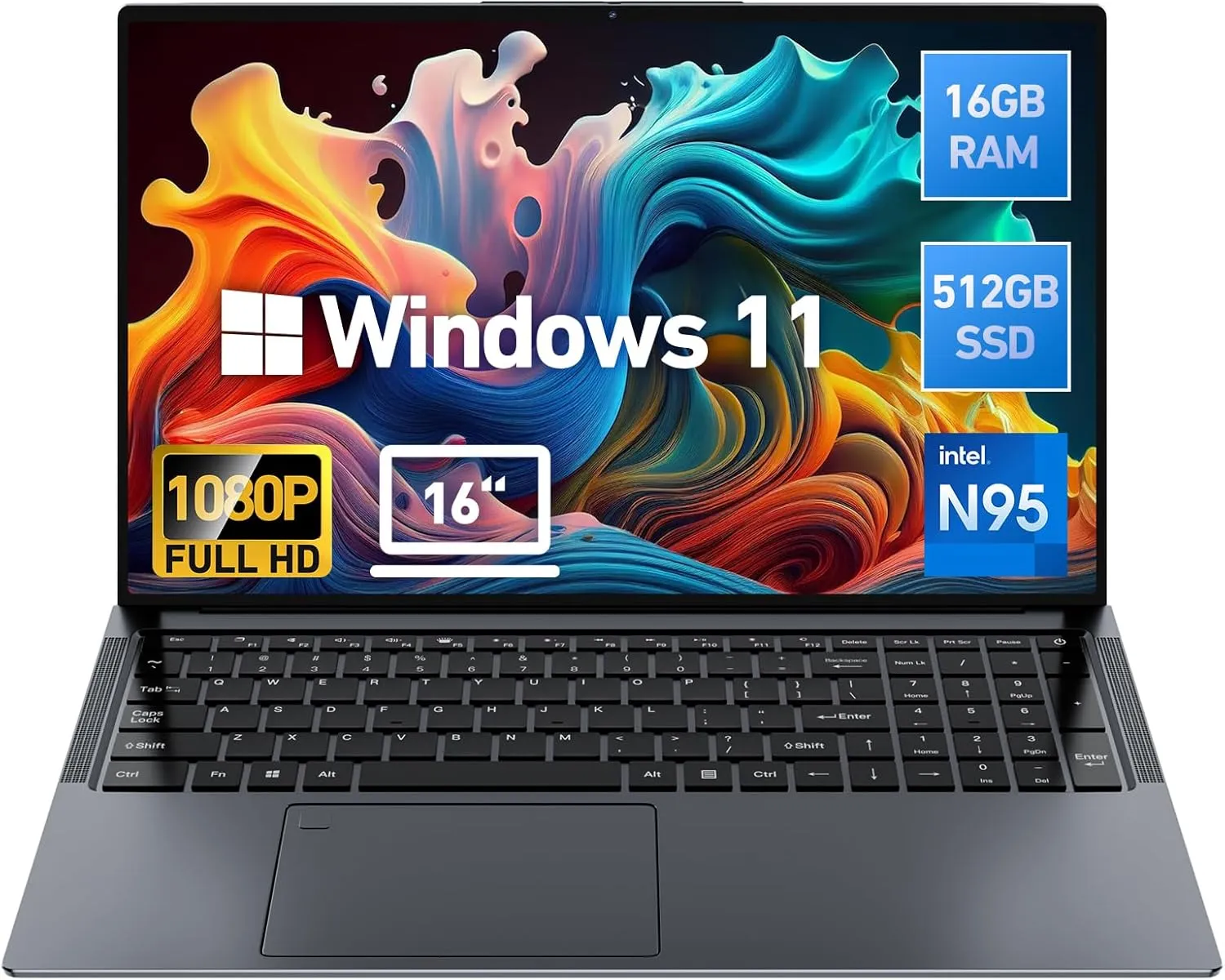 2025 Latest 16'' FHD Laptop Computer Windows 11, 16GB RAM 512GB PCIe SSD, 12th Gen Intel N95 Processor(Max 3.4GHz), 8500mAh Battery, Backlit Keyboard, Fingerprint, HDMI, WiFi5, Webcam, Grey