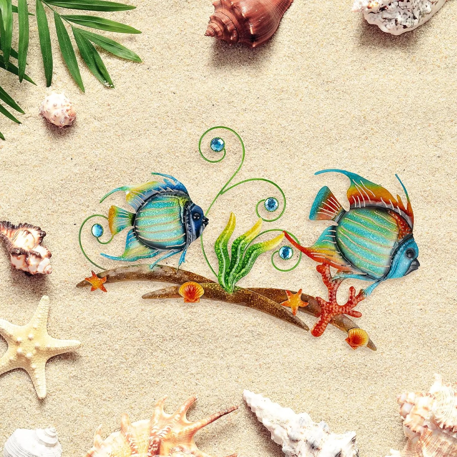 26'' Metal Beach Wall Decor Art, Sea Fish Ocean Themed Wall Sculpture, Coastal Outdoor Decor for Garden, Pool, Fence, Patio, Bathroom Indoor