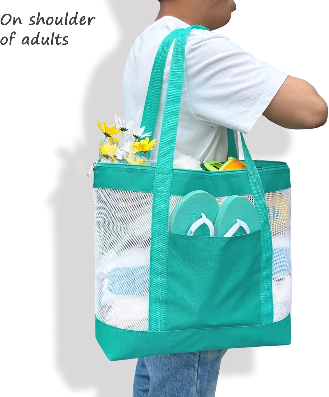 2Pack Lightweight Mesh Tote Bag,Sandproof Beach Bags with Zipper &Double Pocket For Groceries,Poolside,Travel,Towels