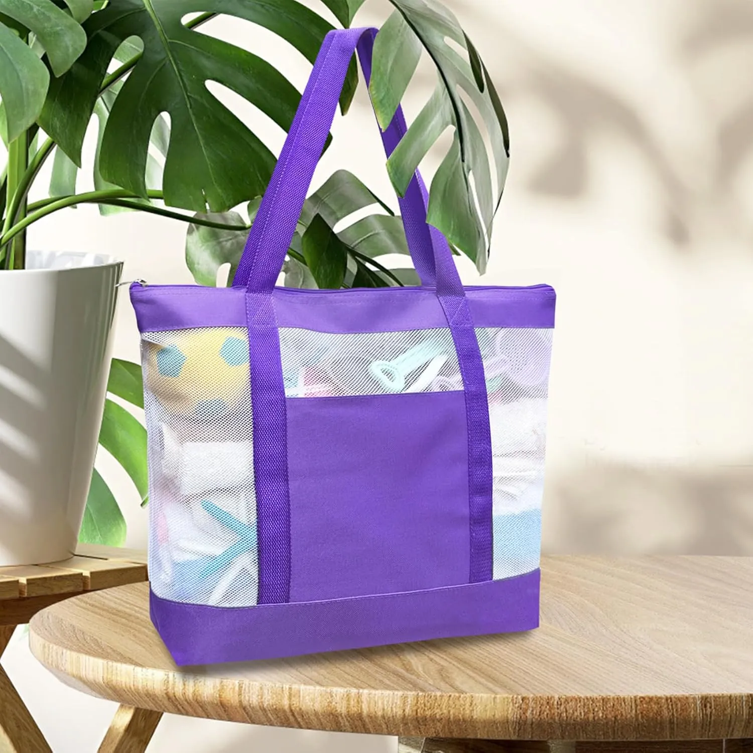 2Pack Lightweight Mesh Tote Bag,Sandproof Beach Bags with Zipper &Double Pocket For Groceries,Poolside,Travel,Towels
